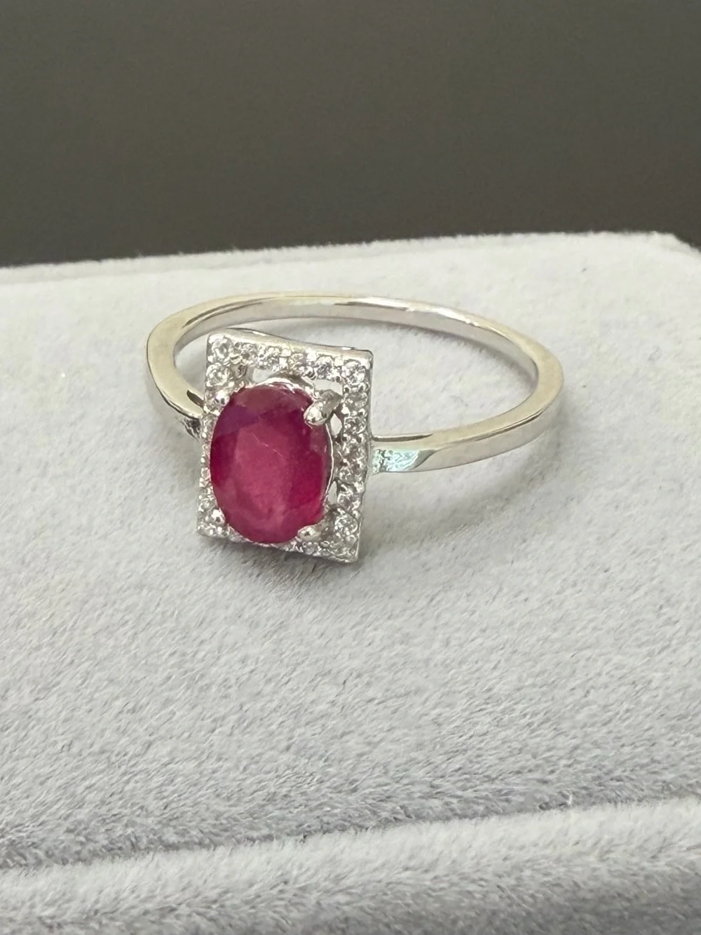 Stunning Natural Red Ruby .90CT w/ Rectangle Halo 925 Sterling Silver Sz 6.75
